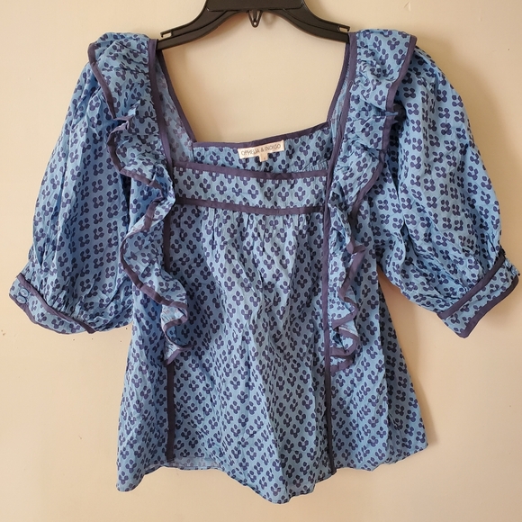 Ophelia & Indigo Cotton Peasant Blouse Block Print Boho Size Small Blue - Picture 9 of 9